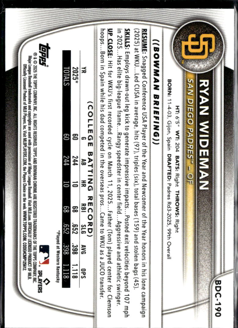 Ryan Wideman 2025 Bowman Chrome 1st Blue Refractor RC 122/150 San Diego Padres