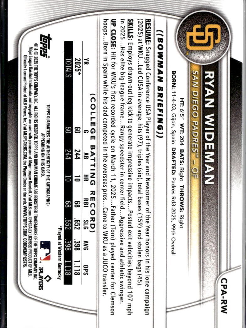 Ryan Wideman 2025 Bowman Chrome 1st Auto Autograph RC 51/99 San Diego Padres