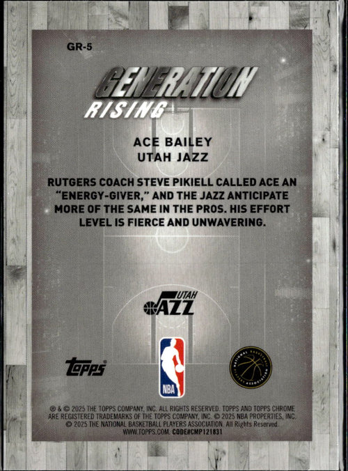 Ace Bailey 2025 Topps Chrome Generation Rising RC Blue Refractor 146/150 Jazz