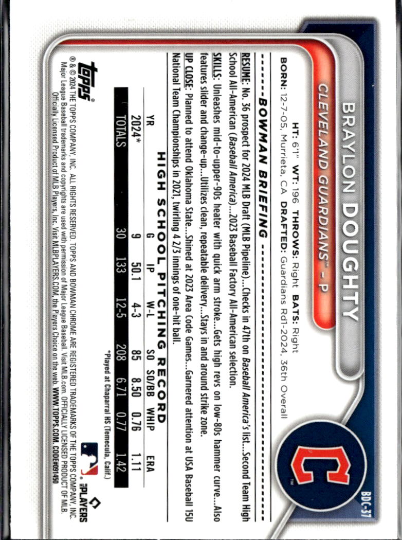 Braylon Doughty 2024 Bowman Chrome 1st GOLD Refractor RC 4/50 Guardians
