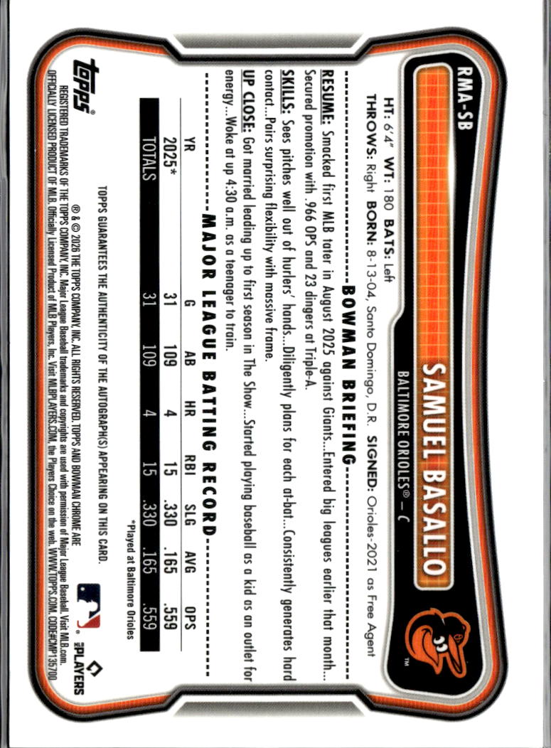 Samuel Basallo 2025 Bowman Chrome Orange Refractor Autograph RC 1/25 Orioles