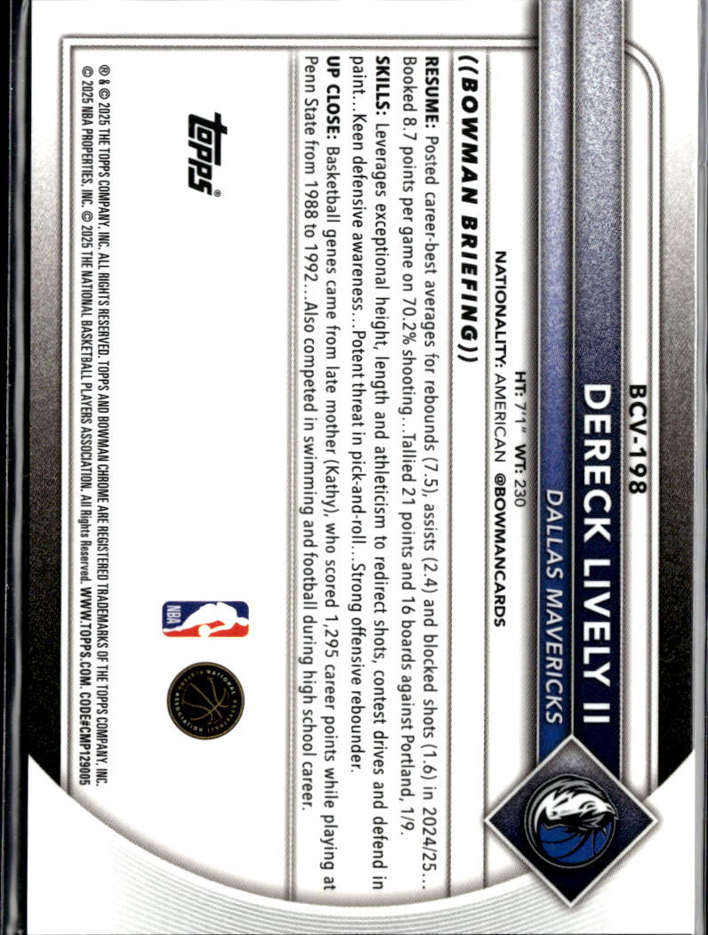 Dereck Lively II 2025-26 Bowman Chrome Orange Reptillian 11/25 Dallas Mavericks