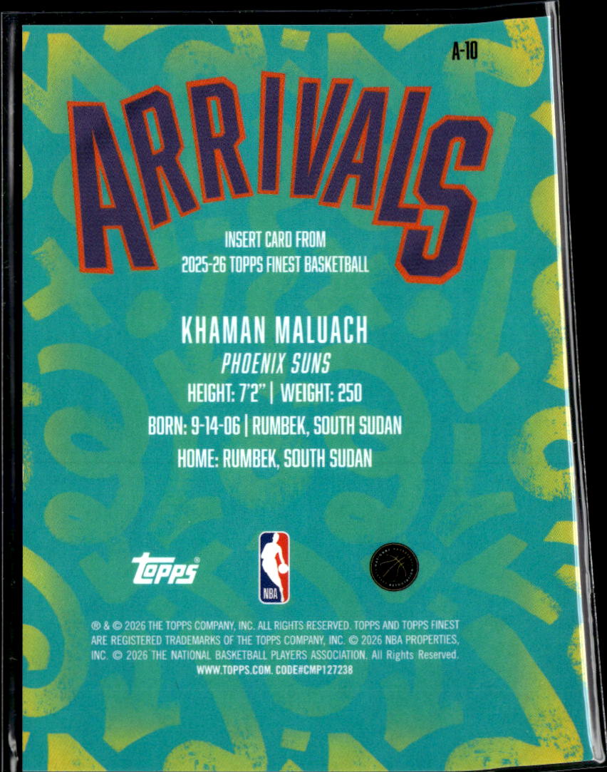 Khaman Maluach 2026 Topps Finest Arrivals Orange Refractor RC 23/25 Phoenix Suns