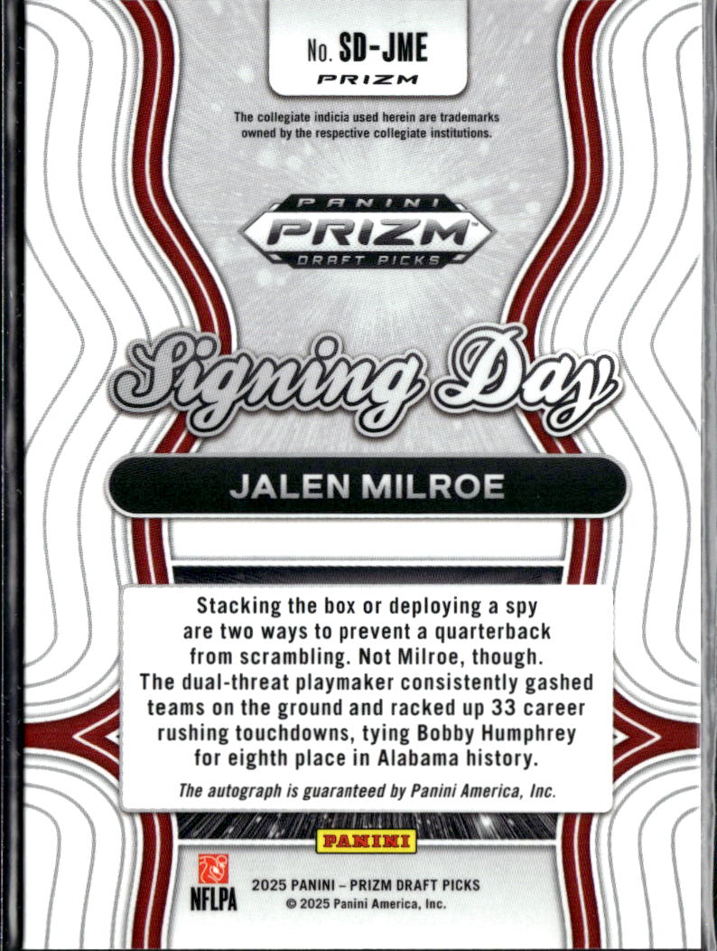 Jalen Milroe 2025 Prizm Draft Auto Autograph RC Alabama Crimson Tide