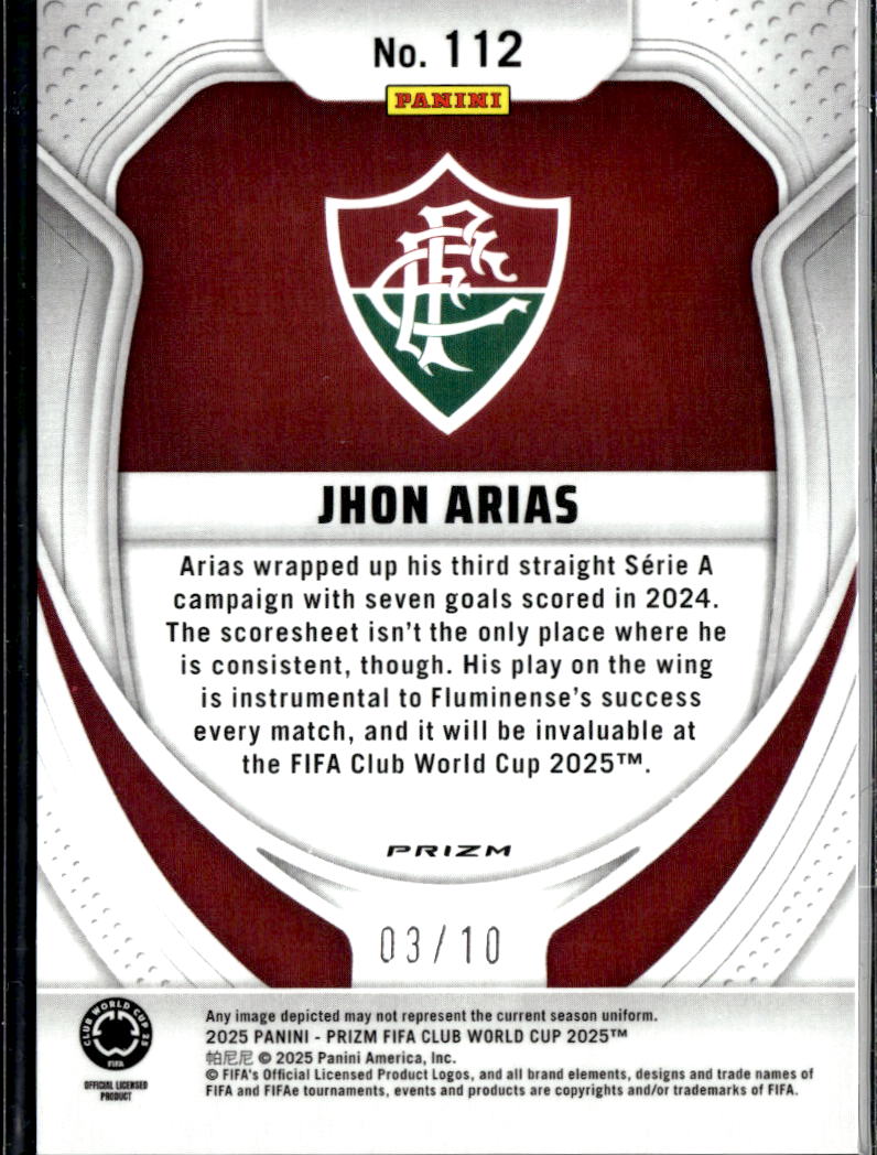 Jhon Arias 2025 Panini Prizm FIFA GOLD Mojo Prizm Rookie RC 3/10 Fluminense