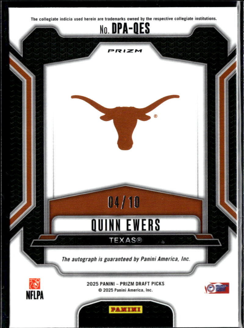 Quinn Ewers 2025 Prizm Draft Auto Autograph RC GOLD 4/10 Texas Longhorns