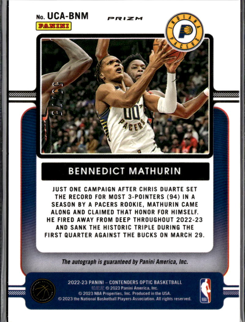 Bennedict Mathurin 2023 Contenders Optic Auto Autograph RC 55/75 Indiana Pacers