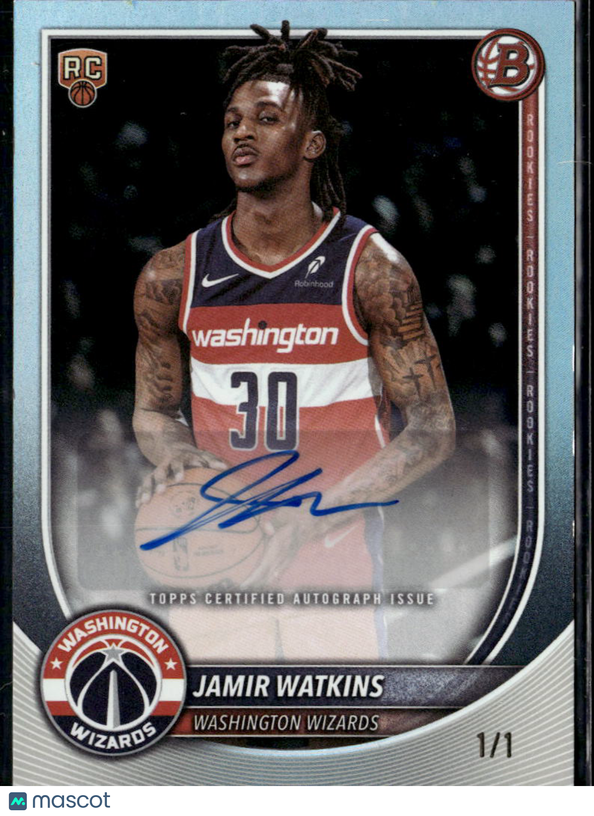 Jamir Watkins 2025 Bowman Auto Autograph RC Rookie 1/1 Washington Wizards