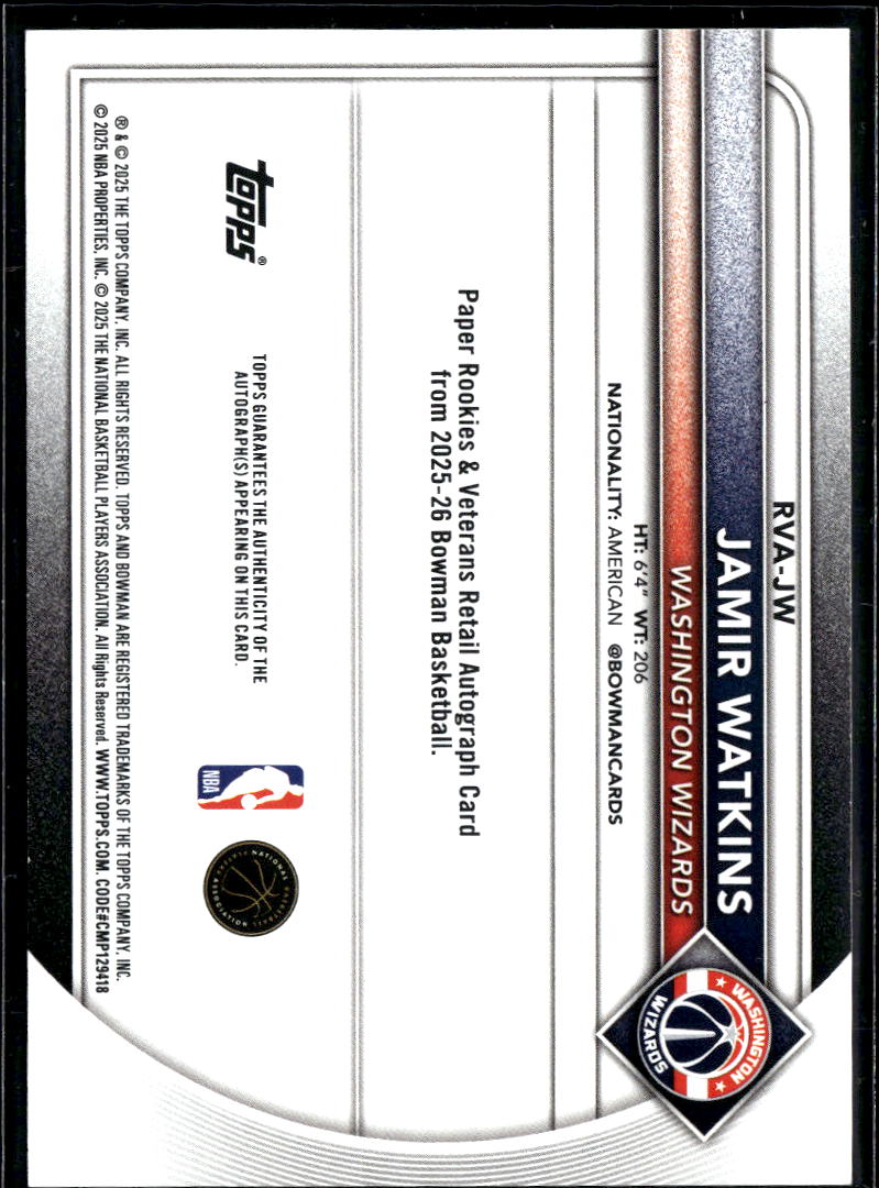 Jamir Watkins 2025 Bowman Auto Autograph RC Rookie 1/1 Washington Wizards