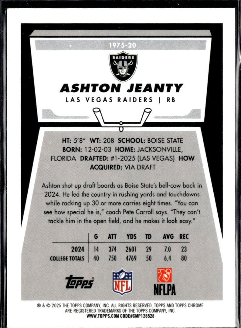 Ashton Jeanty 2025 Topps Chrome '75 Green Refractor RC 31/99 Las Vegas Raiders