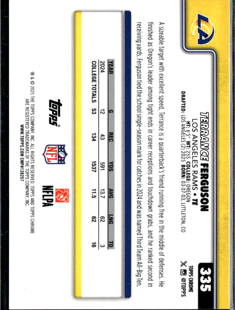 Terrance Ferguson 2025 Topps Chrome GOLD Wave Refractor Rookie 7/50 LA Rams