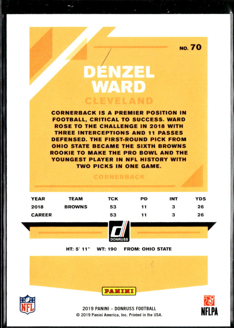Denzel Ward 2019 Donruss Orange Jersey Number 10/21 Cleveland Browns
