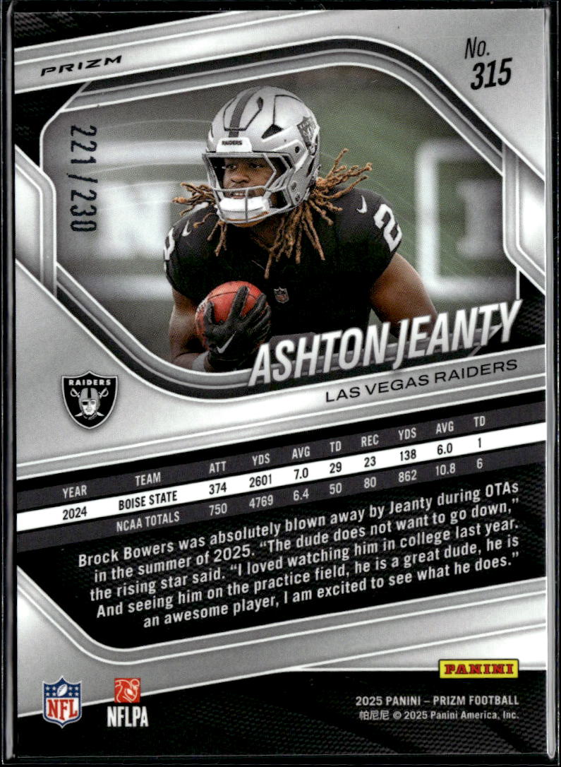 Ashton Jeanty 2025 Prizm Blue Wave Prizm Rookie RC 221/230 Las Vegas Raiders