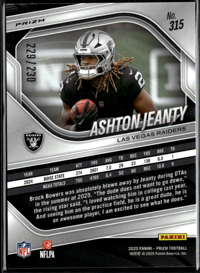 Ashton Jeanty 2025 Prizm Blue Wave Prizm Rookie RC 229/230 Las Vegas Raiders