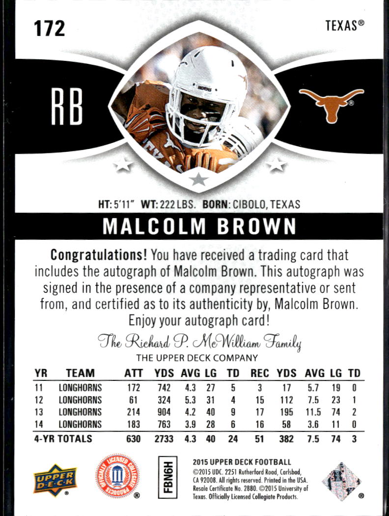 Malcolm Brown 2015 Upper Deck Auto Autograph Image Variation SSP Texas Longhorns