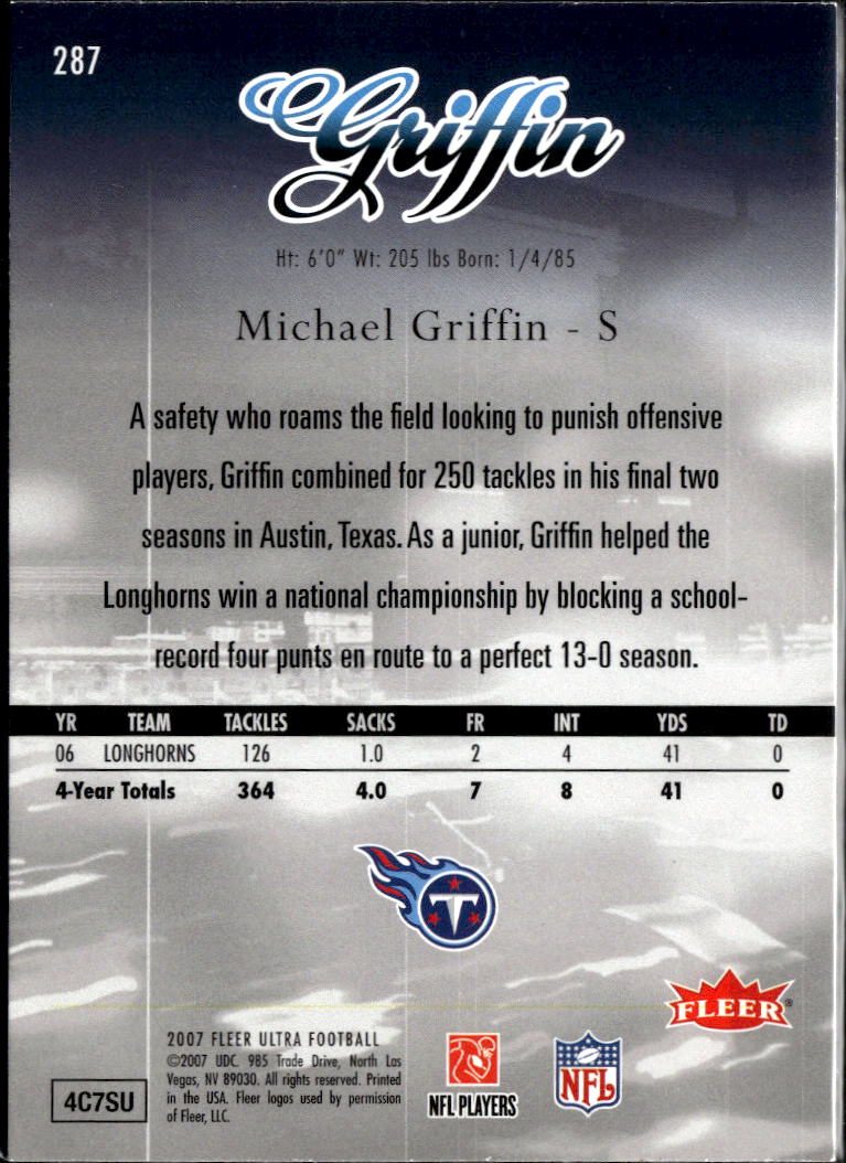 Michael Griffin 2007 Fleer Ultra Image Variation SSP RC Rookie Texas Longhorns