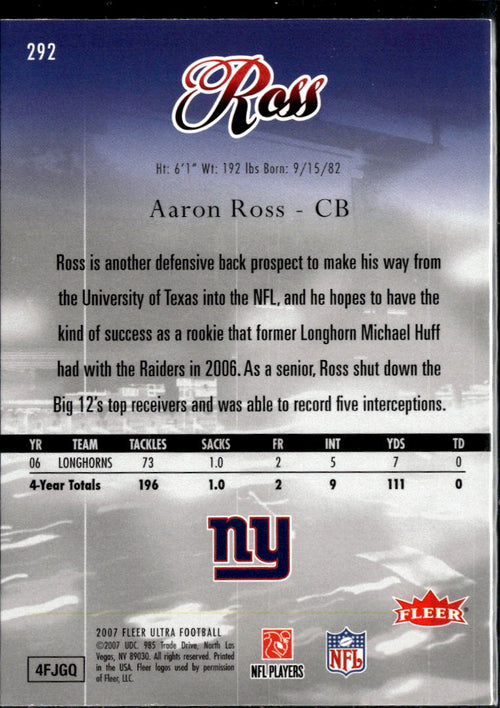 Aaron Ross 2007 Fleer Ultra Image Variation SSP RC Rookie Texas Longhorns