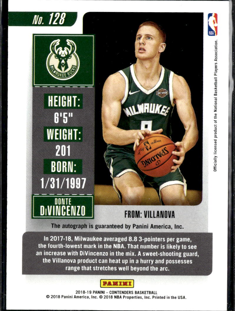 Donte DiVincenzo 2018-19 Contenders On Card Auto Autograph RC Milwaukee Bucks