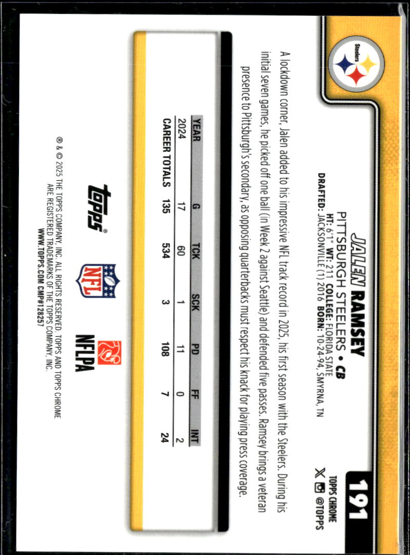 Jalen Ramsey 2025 Topps Chrome Black Wave Refractor 1/10 Pittsburgh Steelers