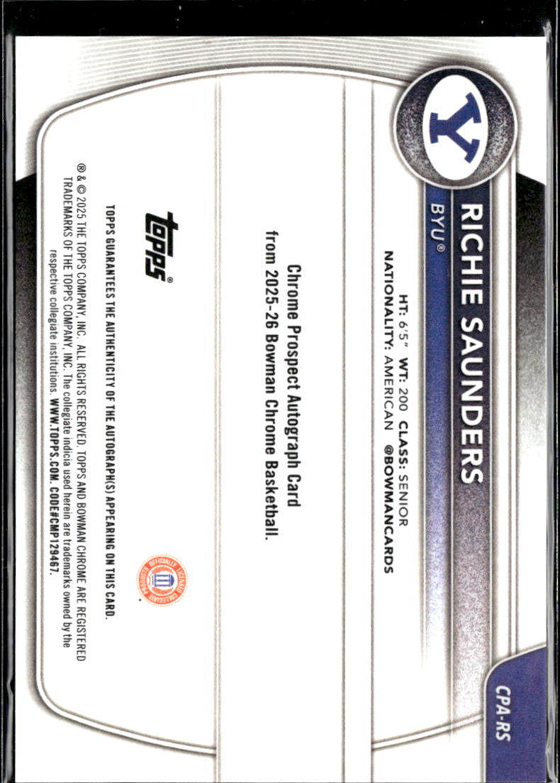 Richie Saunders 2025 Bowman Chrome 1st Auto Autograph GOLD 17/50 BYU Cougars