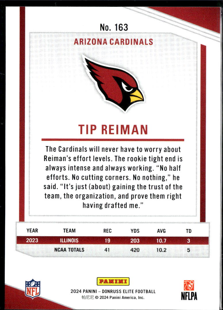 Tip Reiman 2024 Elite Black Rookie Card RC 9/25 Arizona Cardinals