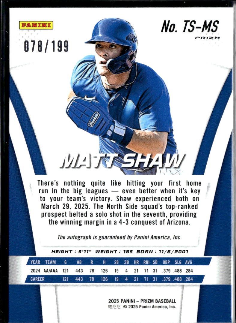 Matt Shaw 2025 Prizm Auto Autograph RC Rookie 78/199 Chicago Cubs