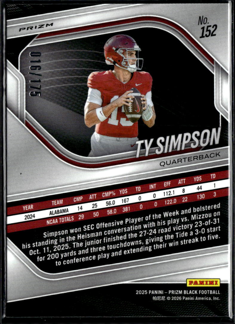 Ty Simpson 2025 Prizm Black White Prizm Rookie RC 16/175 Alabama LA Rams