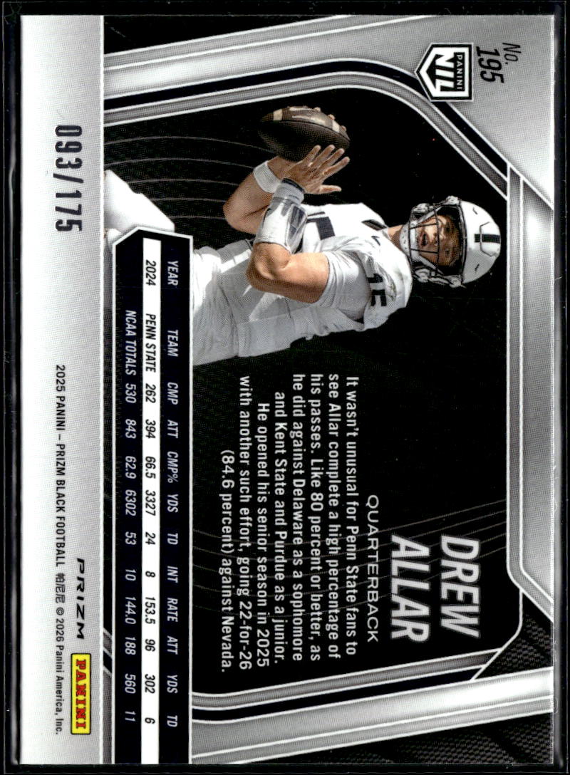 Drew Allar 2025 Prizm Black White Prizm Rookie RC 93/175 Penn State