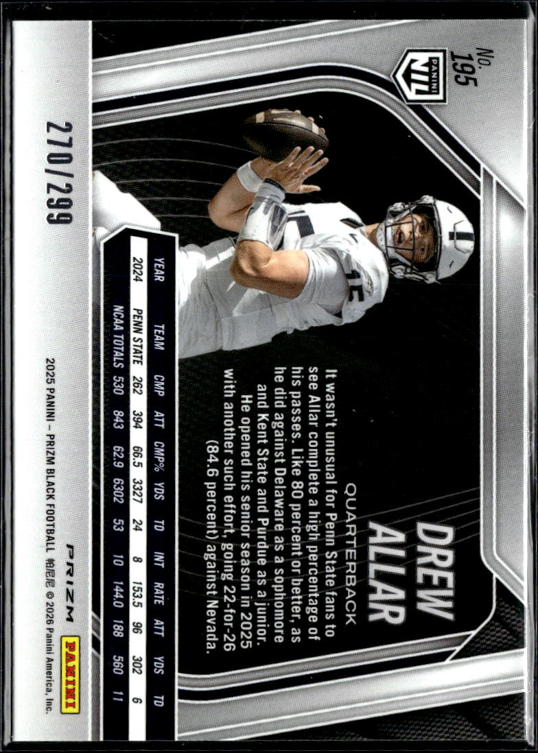 Drew Allar 2025 Prizm Black Red Prizm Rookie RC 270/299 Penn State Nittany Lions