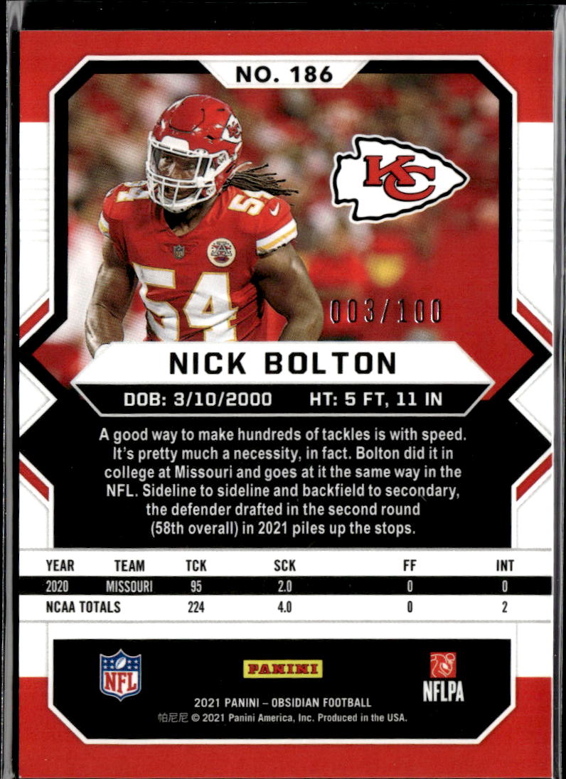 Nick Bolton 2021 Obsidian Purple Rookie RC 3/100 Kansas City Chiefs