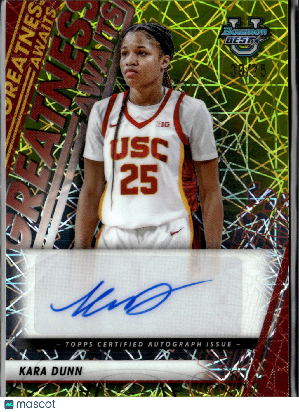 Kara Dunn 2026 Bowman's Best Auto Autograph Yellow 39/75 USC Trojans