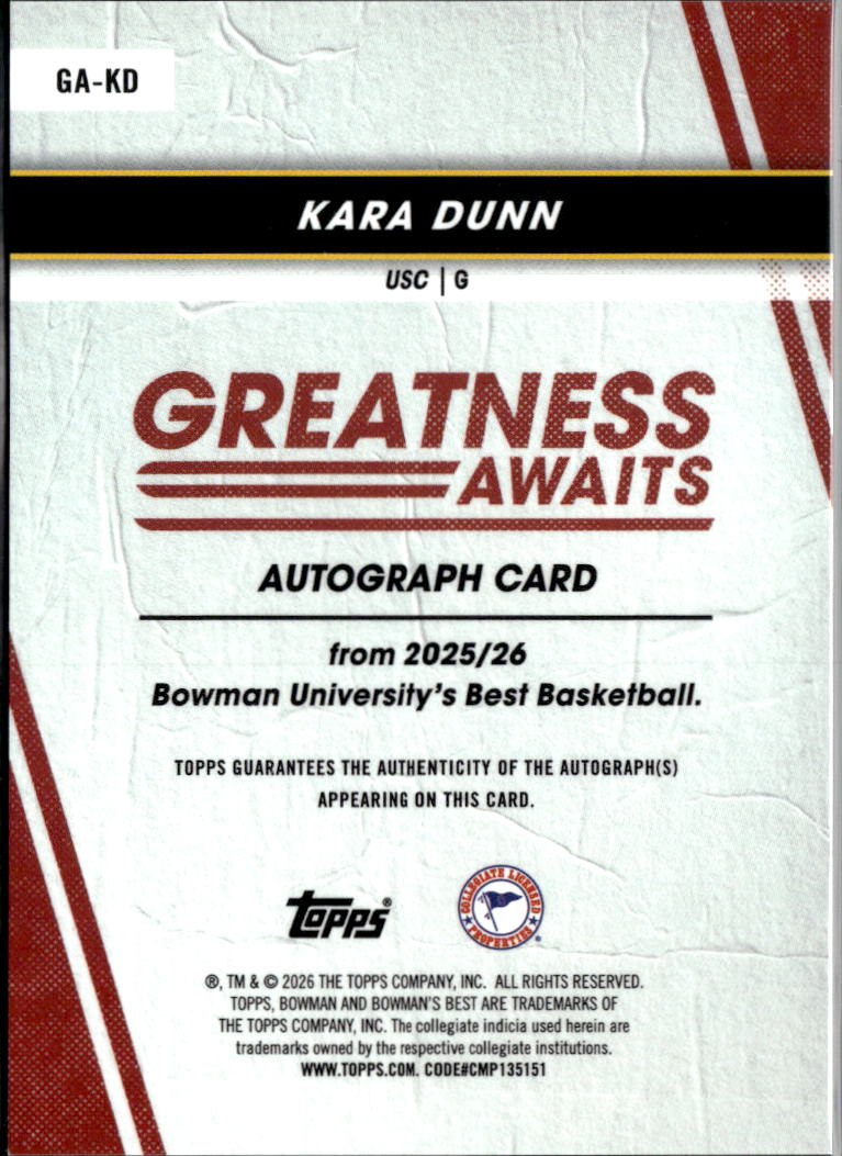 Kara Dunn 2026 Bowman's Best Auto Autograph Yellow 39/75 USC Trojans