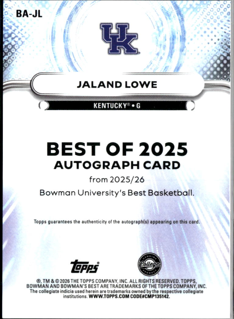 Jaland Lowe 2026 Bowman's Best Auto Autograph 48/50 Kentucky