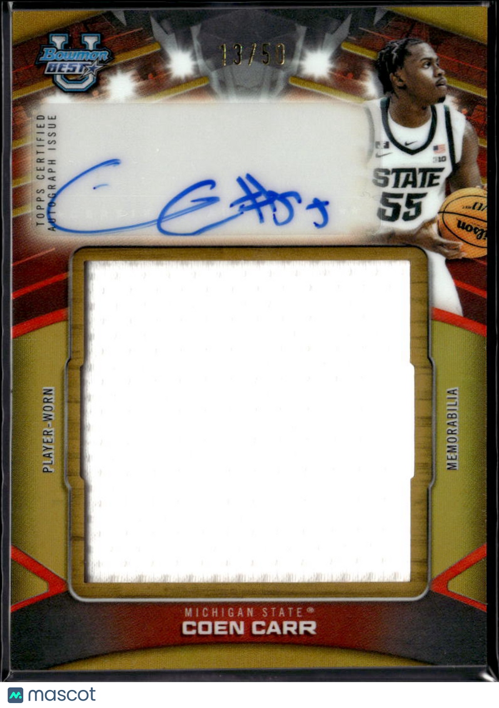 Coen Carr 2026 Bowman's Best Auto Autograph Patch GOLD 13/50 Michigan State