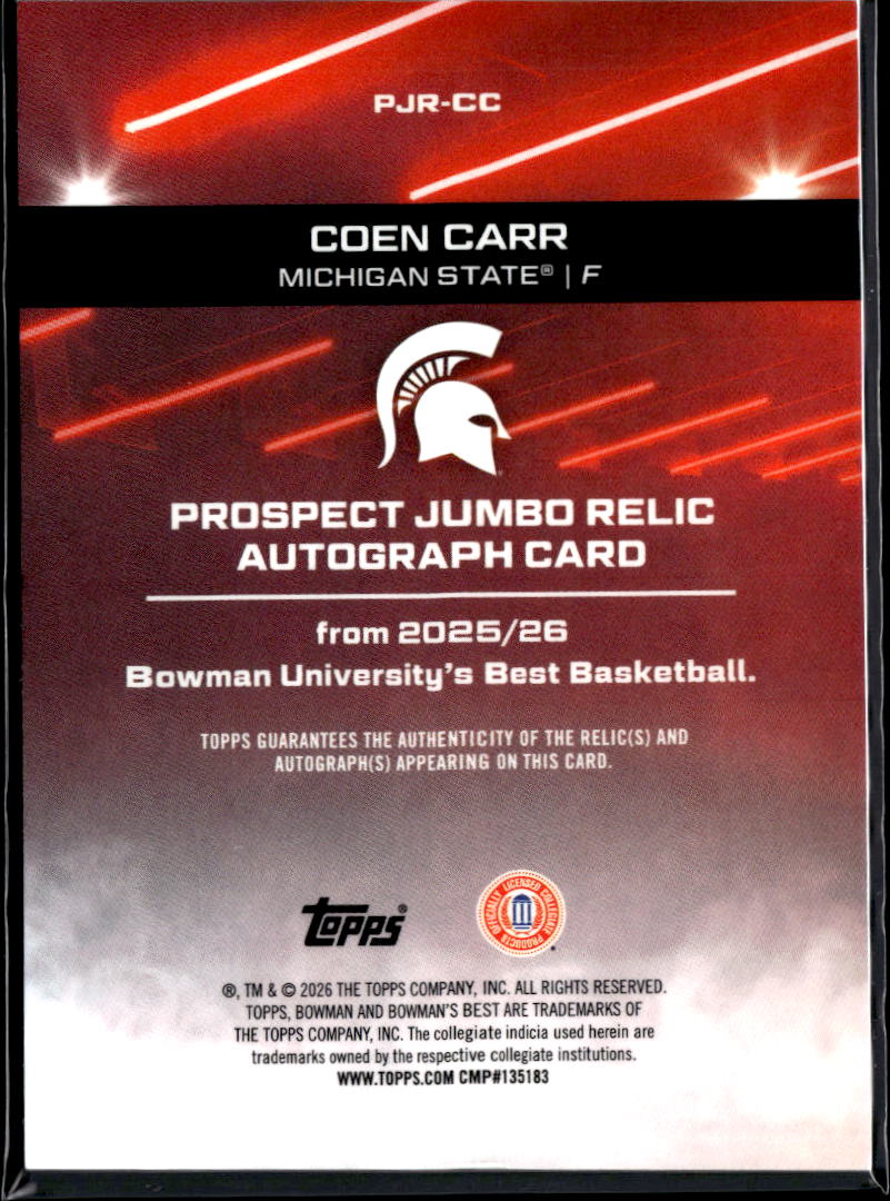 Coen Carr 2026 Bowman's Best Auto Autograph Patch GOLD 13/50 Michigan State