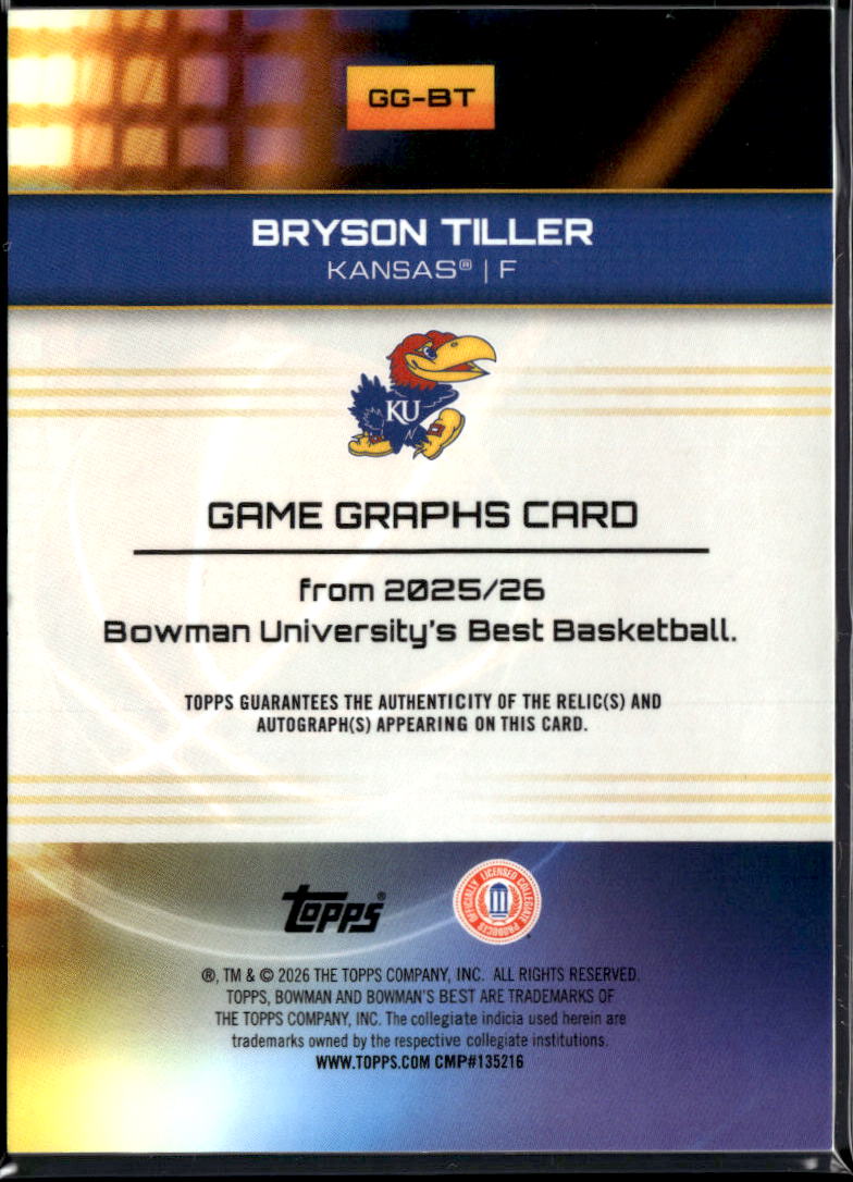 Bryson Tiller 2026 Bowman's Best Autograph Game Worn Patch GOLD 16/50 Kansas