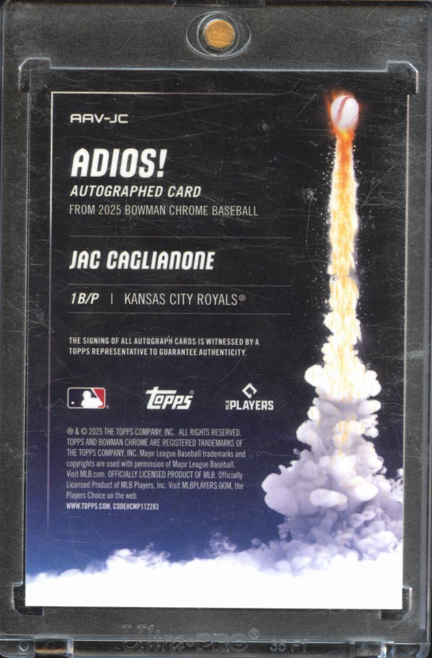 Jac Caglianone 2025 Bowman Chrome Adios! GOLD Auto Autograph 37/50 KC Royals