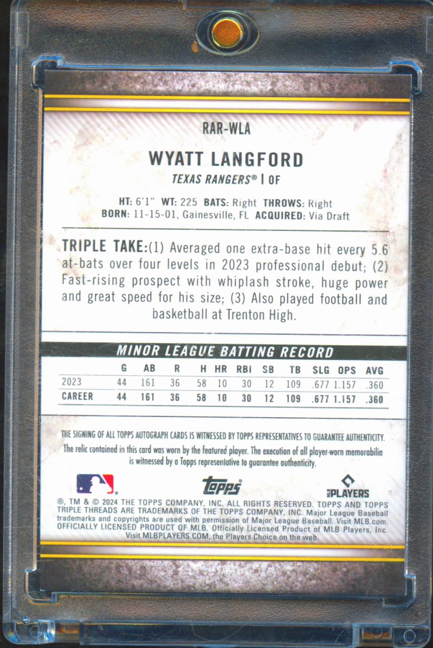 Wyatt Langford 2024 Triple Threads Auto Autograph Patch RC 20/99 Texas Rangers