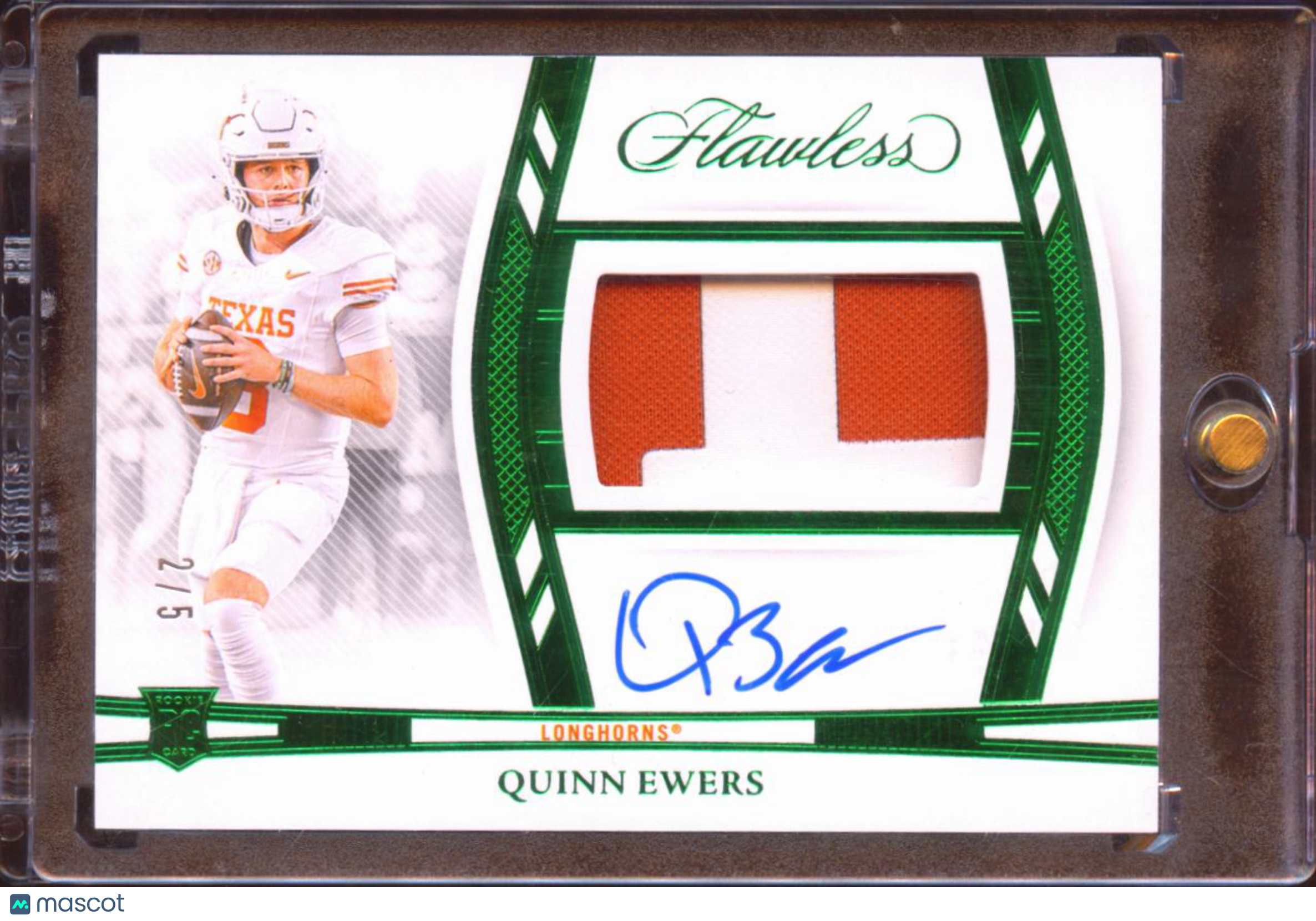 Quinn Ewers 2025 Flawless Auto Autograph Emerald Patch RC 2/5 Texas Longhorns