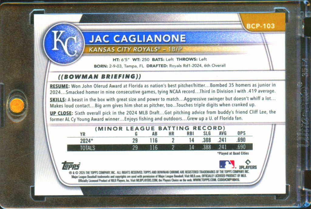 Jac Caglianone 2025 Bowman Chrome GOLD Shimmer Refractor 42/50 KC Royals