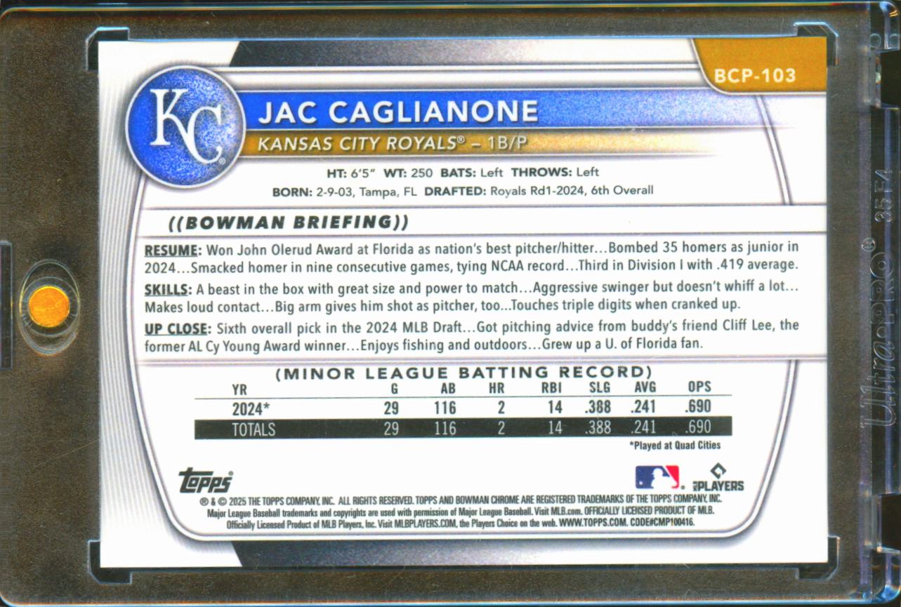 Jac Caglianone 2025 Bowman Chrome GOLD Shimmer Refractor 42/50 KC Royals