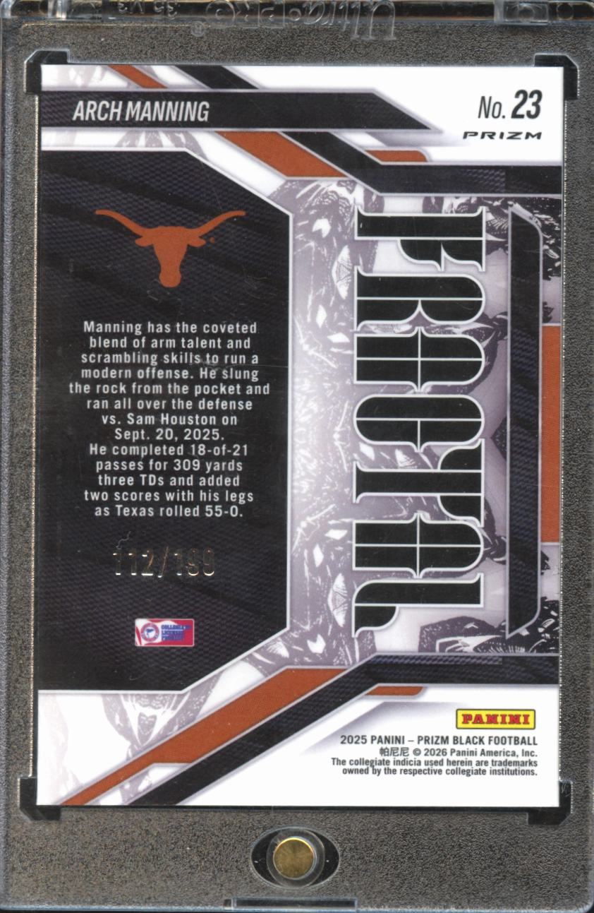 Arch Manning 2025 Panini Prizm Black Fractal Blue Prizm RC /199 Texas Longhorns
