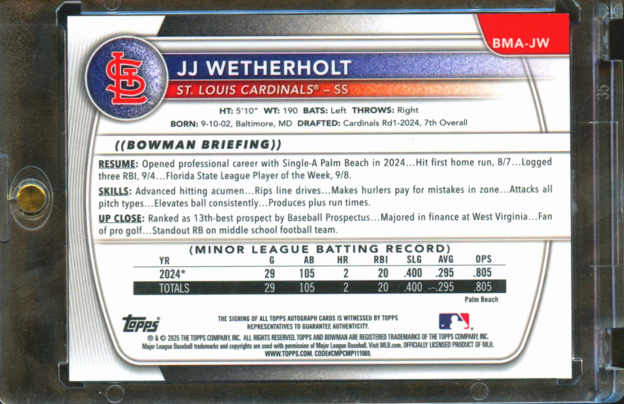 JJ Wetherholt 2025 Bowman Chrome Mega Box Auto Autograph St. Louis Cardinals