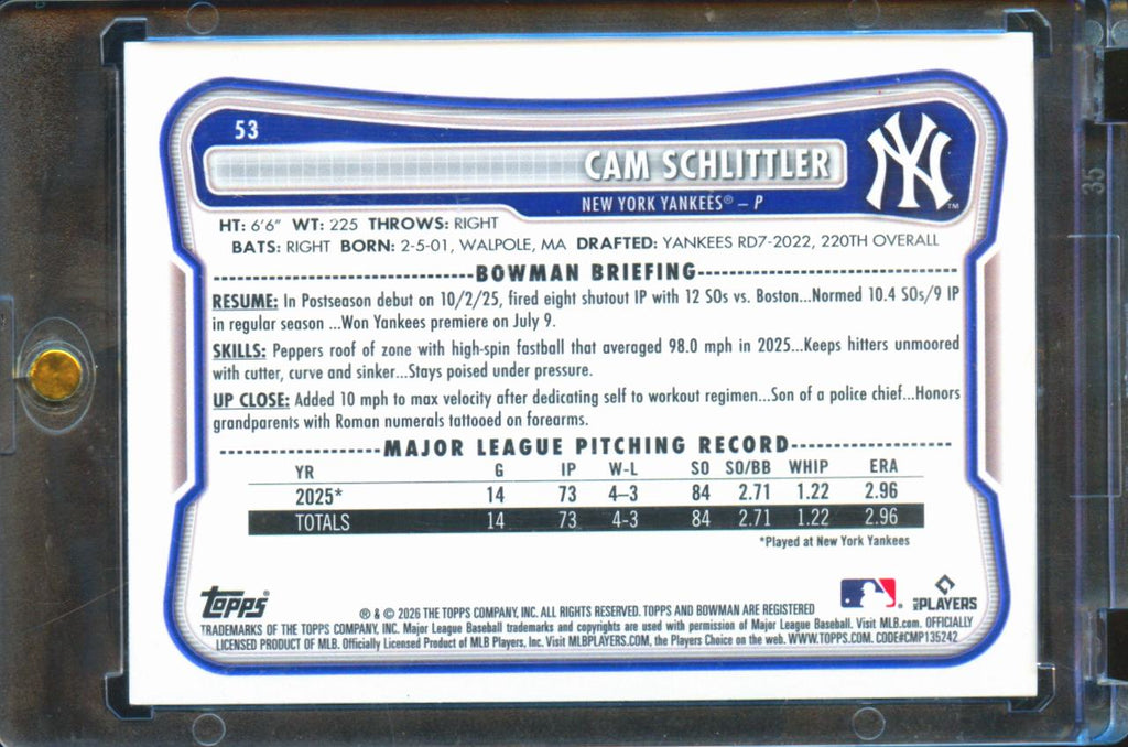 Cam Schlittler 2026 Bowman Yellow Stat Sheet Rookie RC 65/75 New York Yankees