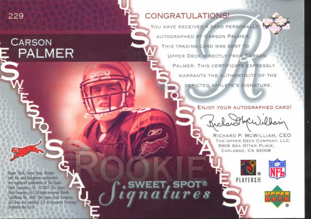 Carson Palmer 2003 Upper Deck Sweet Spot Auto Autograph RC 115/250 Bengals