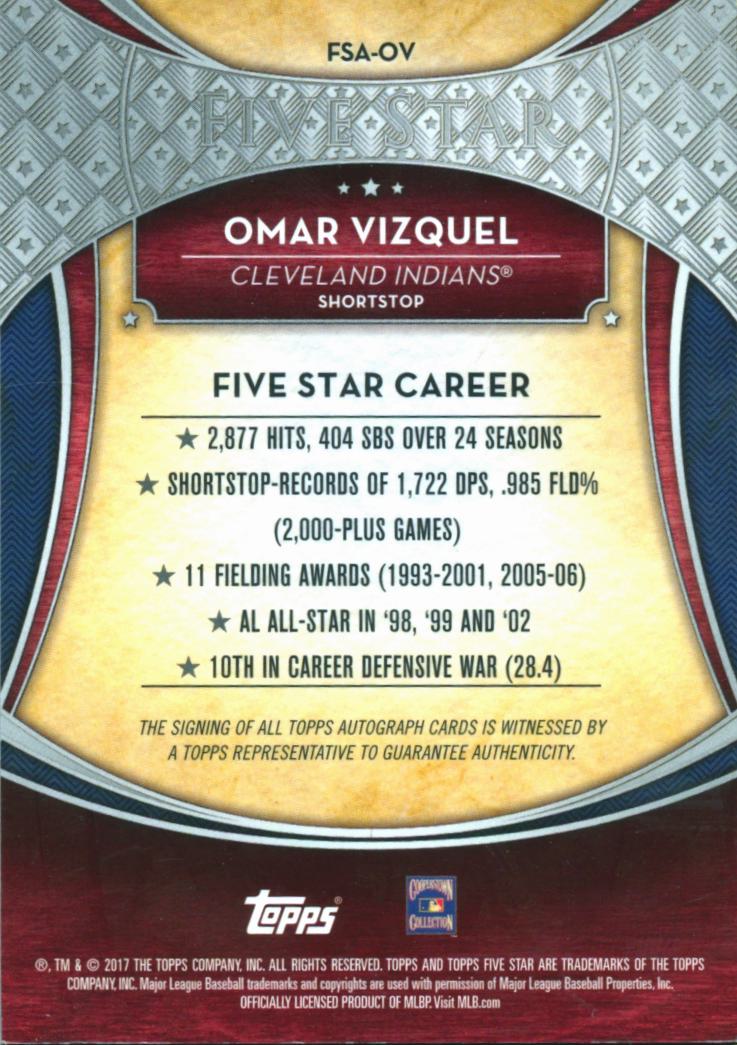 Omar Vizquel 2017 Topps Five Star Auto Autograph 10/15 Cleveland Indians