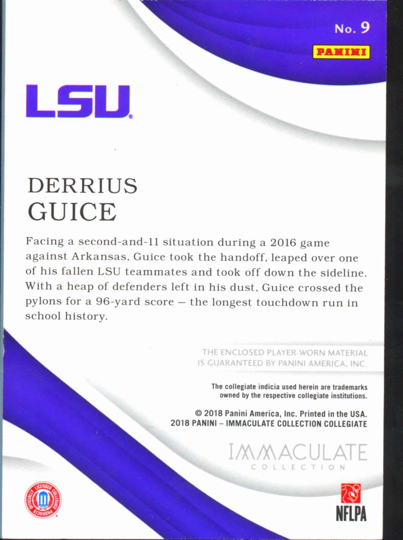Derrius Guice 2018 Immaculate Glove Patch RC Rookie 2/84 LSU Tigers