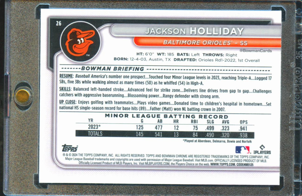 Jackson Holliday 2024 Bowman Chrome Image Variation SSP RC Refractor Orioles