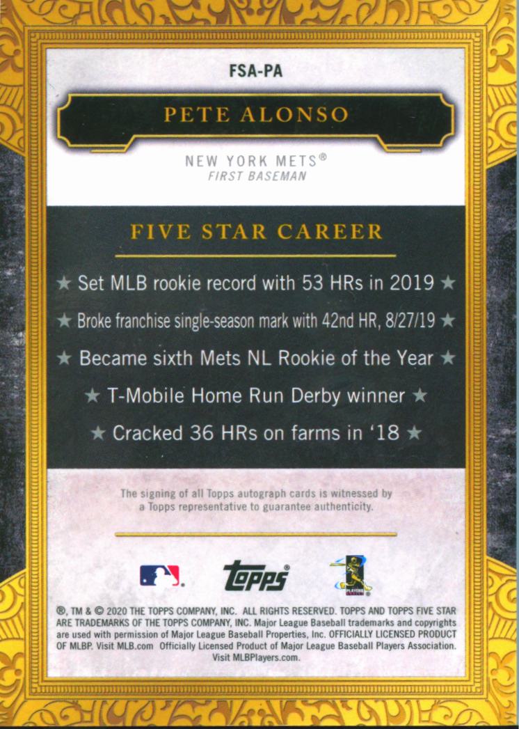 Pete Alonso 2020 Topps Five Star Auto Autograph Blue 9/25 New York Mets