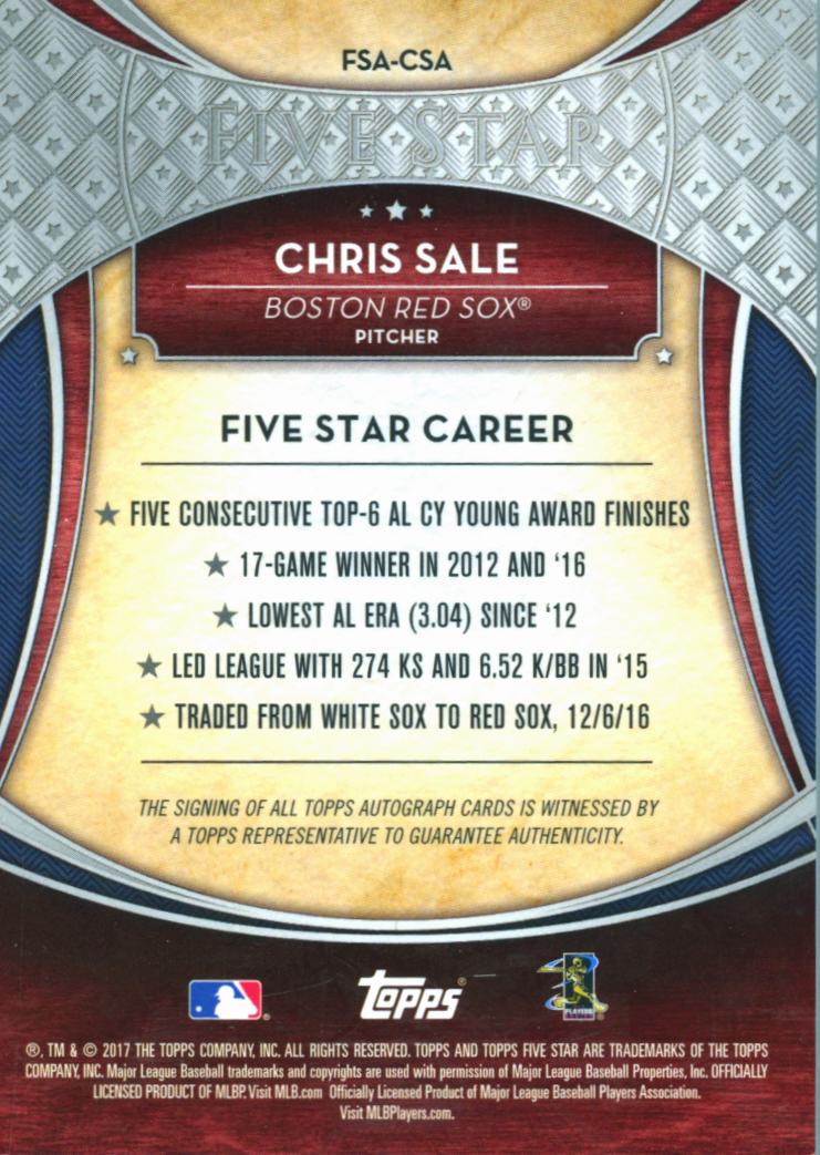 Chris Sale 2017 Topps Five Star Auto Autograph Boston Red Sox